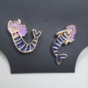 Gold Tone Mermaid Enamel Earrings with Purple and Blue Accents Studs